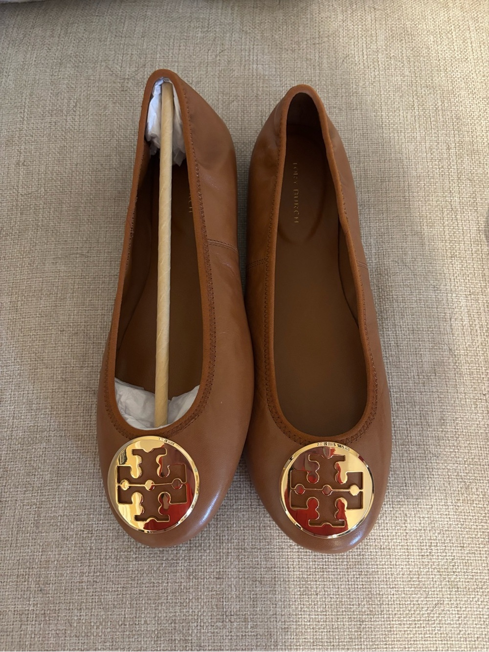 Tory Burch Cognac Leather Ballet Flats with Gold Logo Emblem